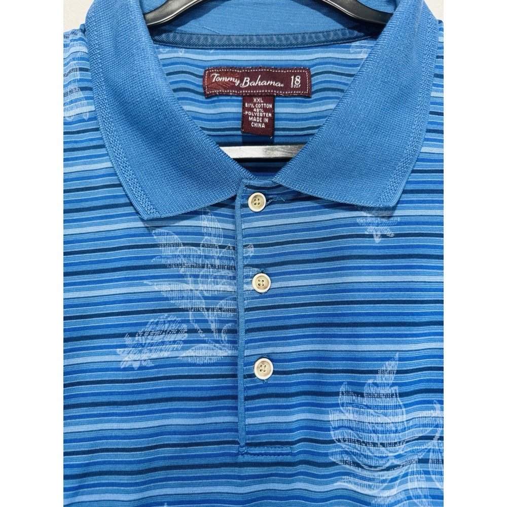 Tommy Bahama 18 Golf Polo Shirt Mens 2XL Blue‎ Tropical Palm Print Lightweight